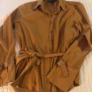 Gold Long Sleeve Button Up Belted Shirt-Size Medium